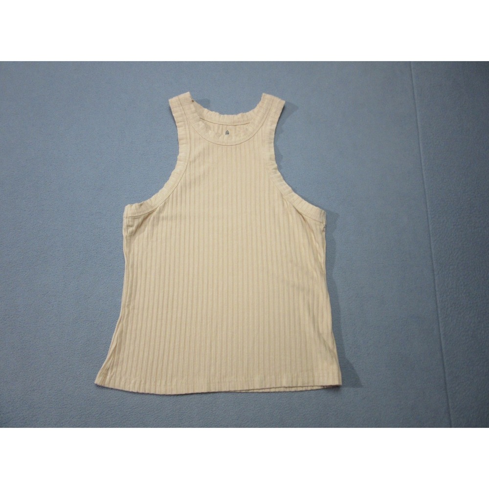 Free People Tank Womens Medium Beige Orange Ribbed Knit Top Movement Round Neck